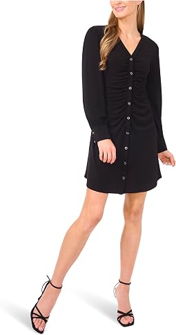 Shirred V-Neck Button Down Dress