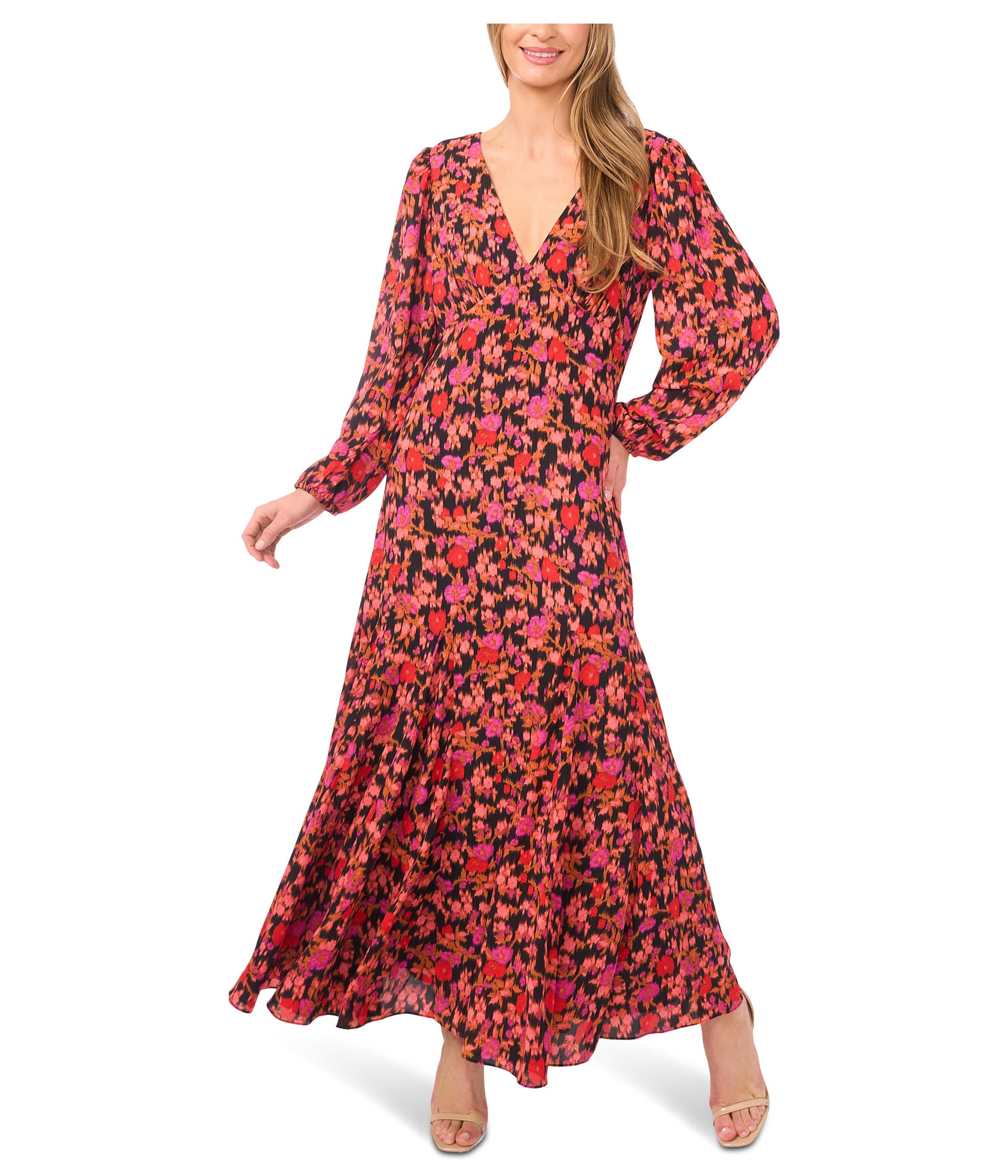 V-Neck Balloon Sleeve Printed Maxi Dress
