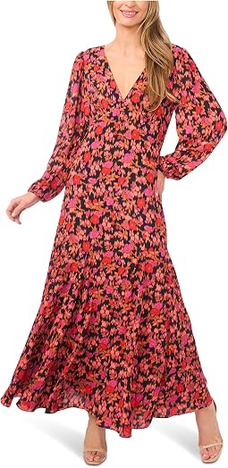 V-Neck Balloon Sleeve Printed Maxi Dress