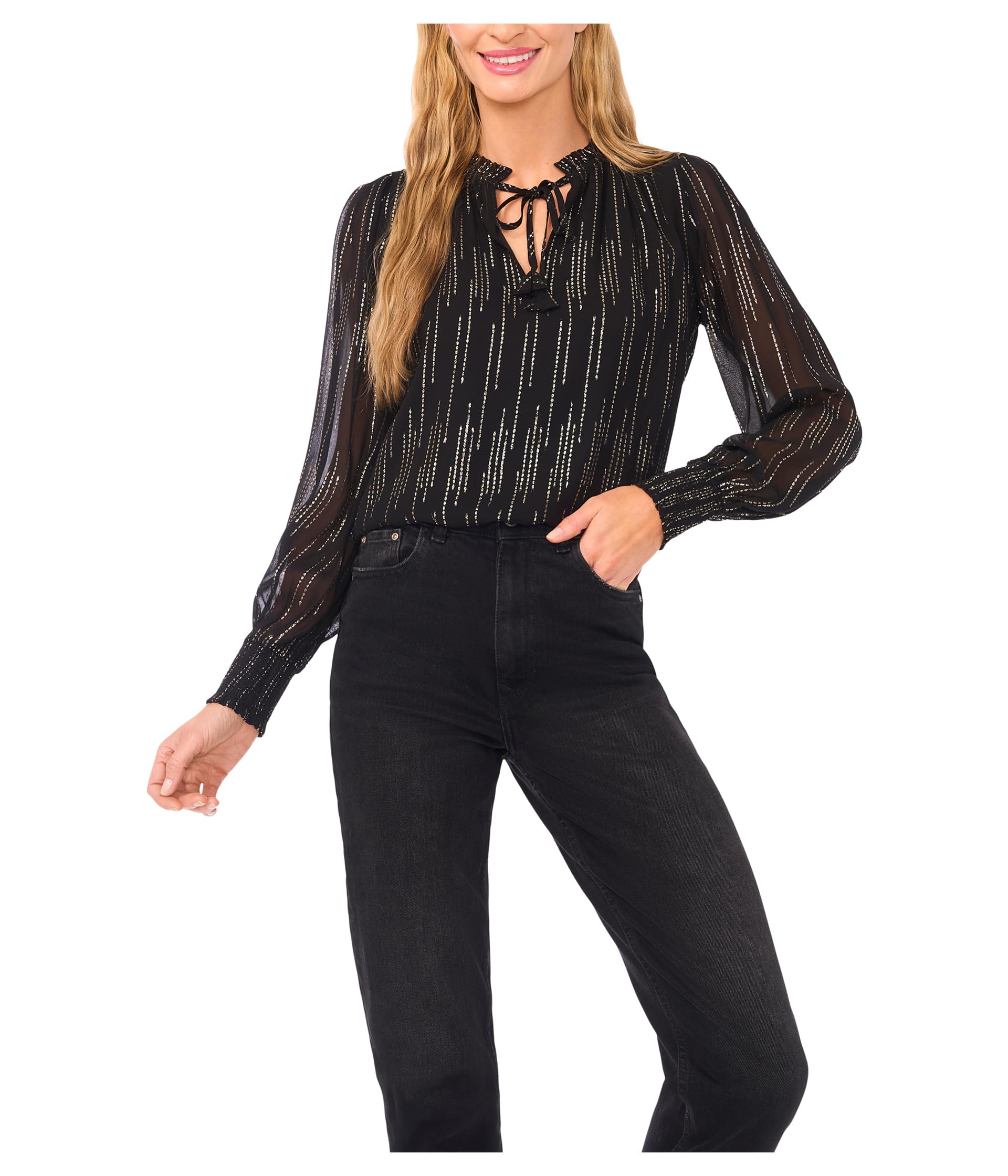 Smocked Cuff Ruffle Tie Neck Top