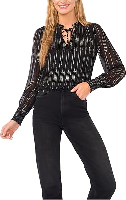 Smocked Cuff Ruffle Tie Neck Top