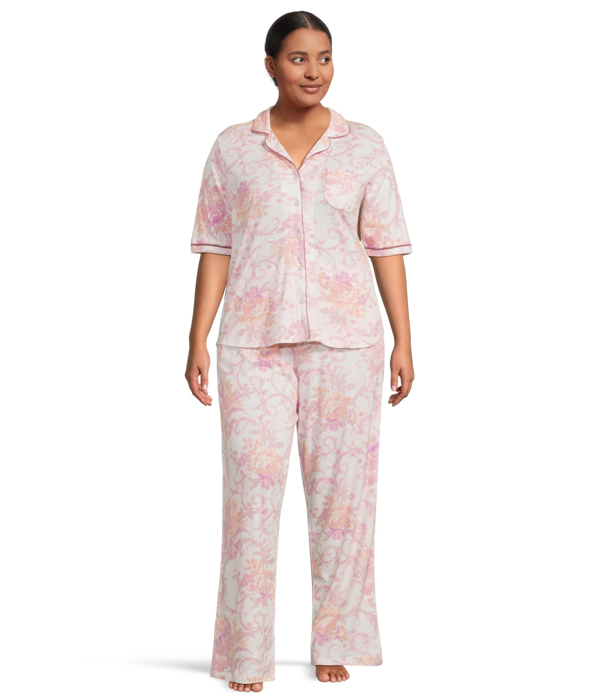 Plus Size Romantic Fields Elbow Sleeve Pajama Set with Lace