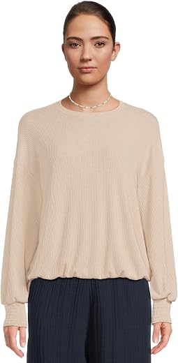 Tia Ribbed Crew Neck Sweatshirt w/ Smocked Cuffs