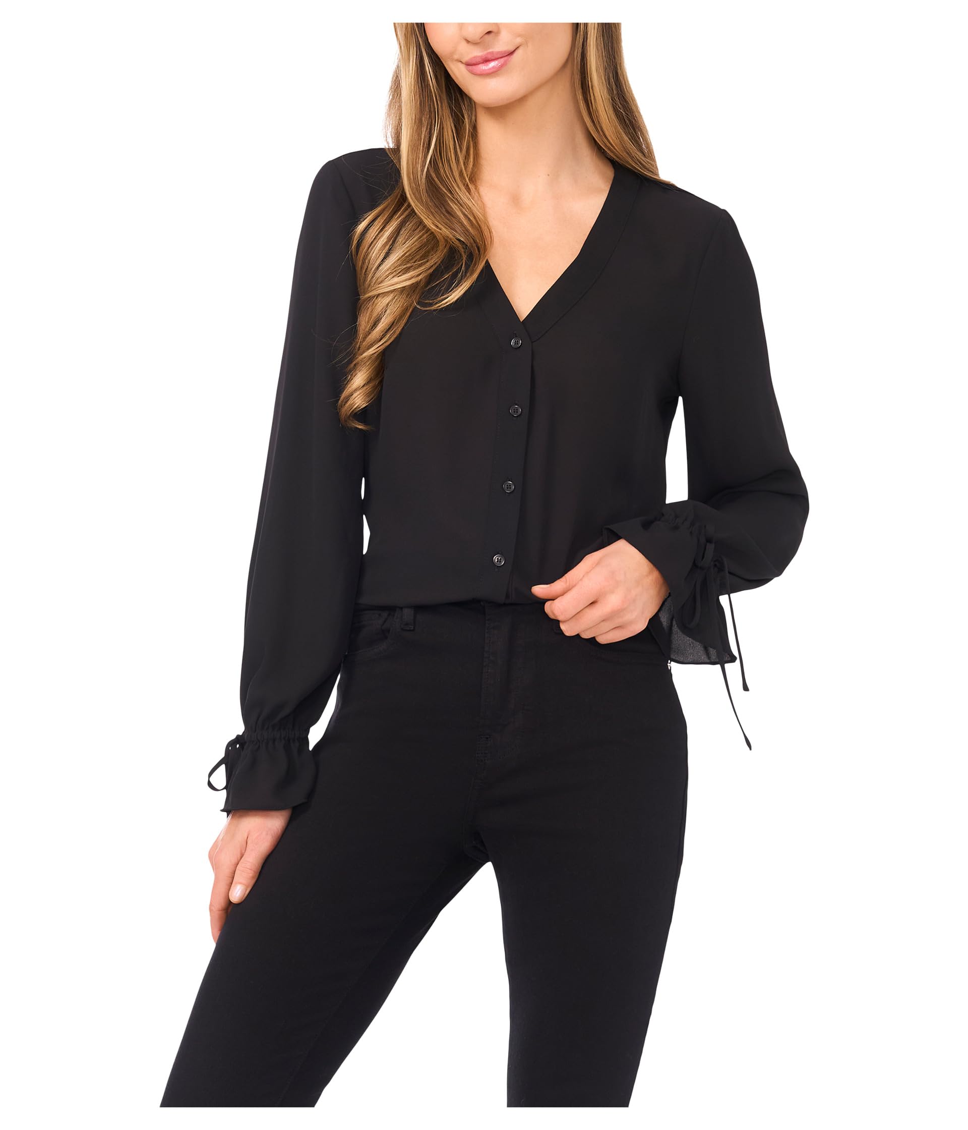 V-Neck Button Front Long Sleeve Top