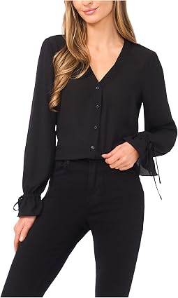 V-Neck Button Front Long Sleeve Top