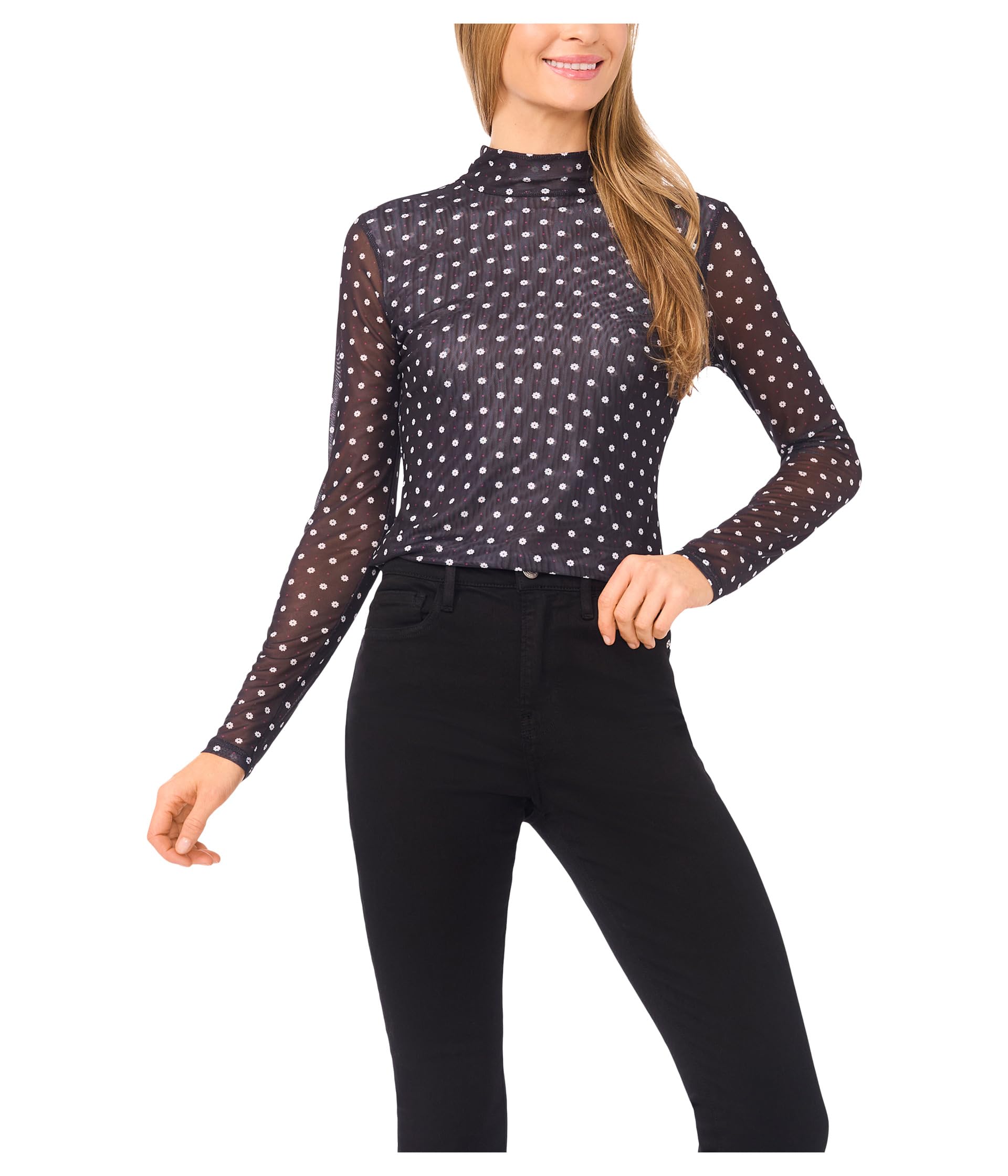 Long Sleeve Mesh Fitted Turtleneck Top