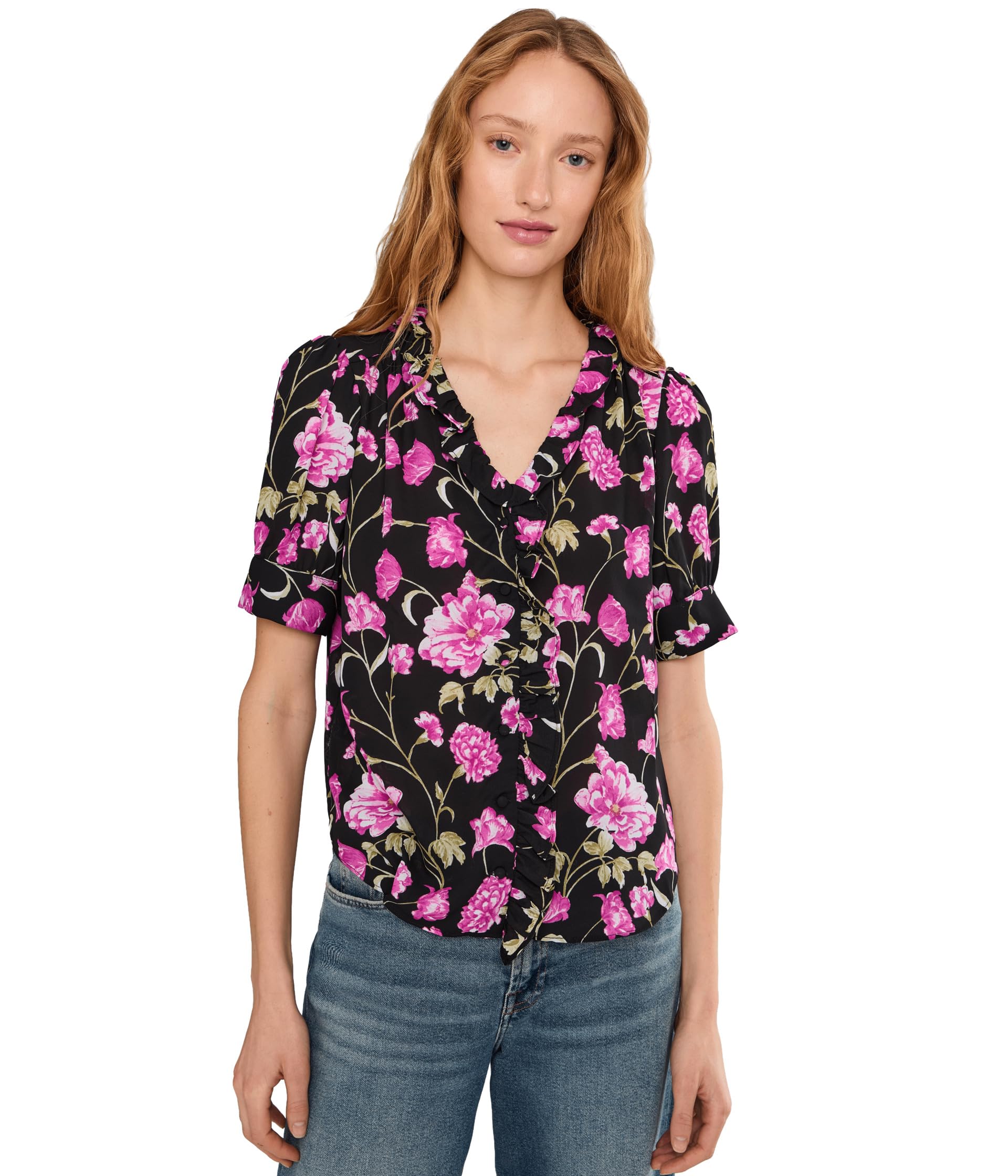 Floral Ruffled Front V-neck Top