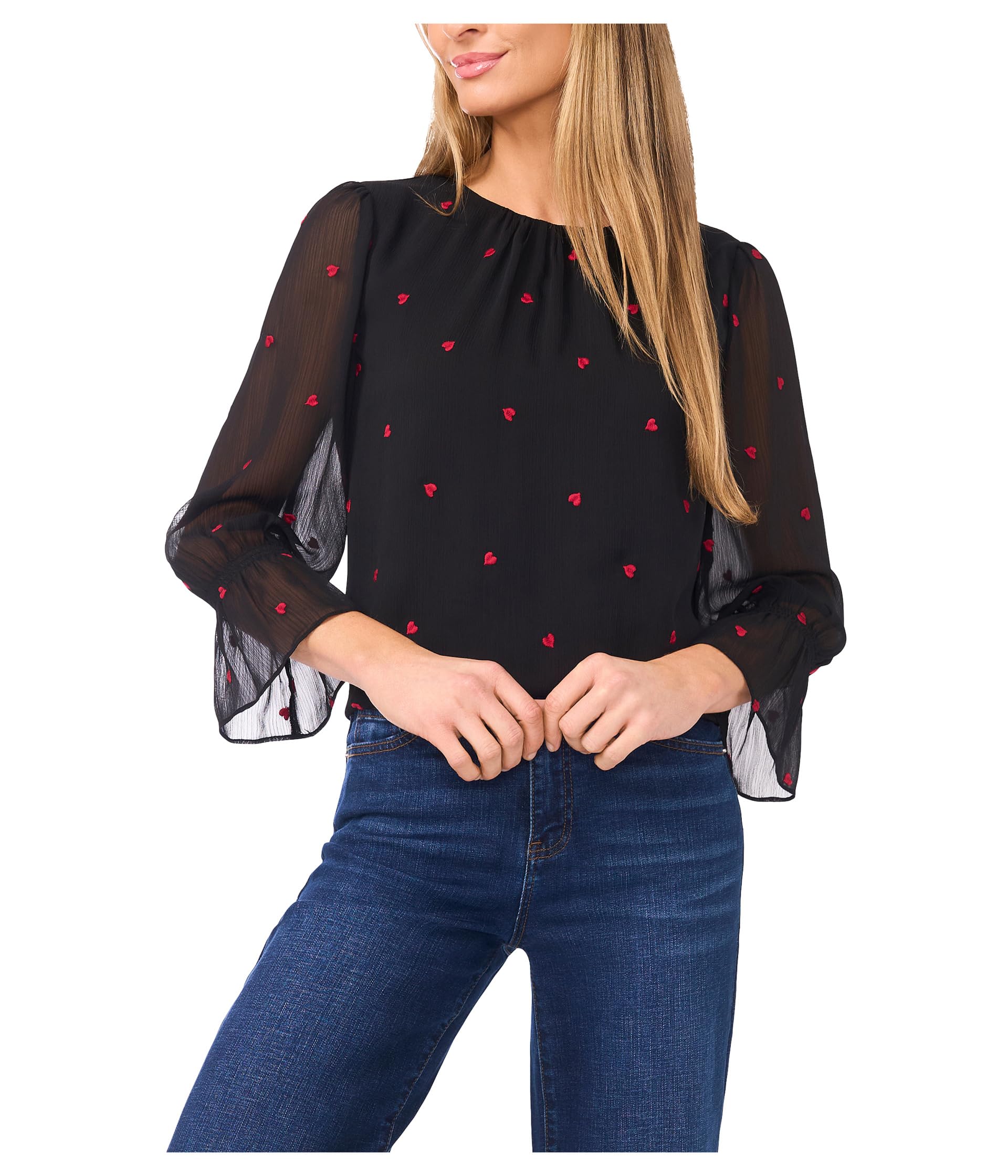 Топ 3/4 Sleeve Shirred Neck Embroidery Hearts CeCe