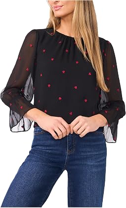 3/4 Sleeve Shirred Neck Embroidery Hearts Top