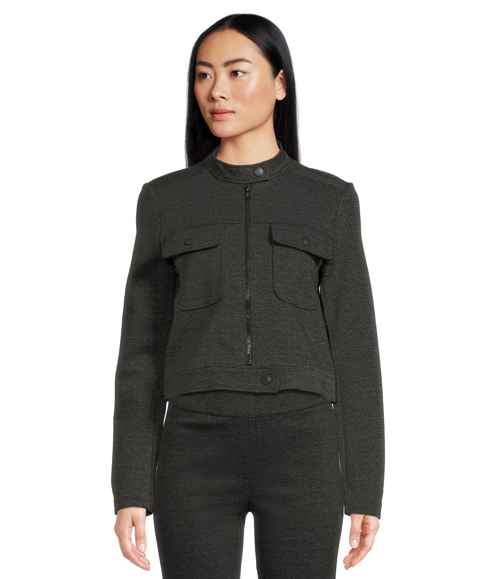 Ponte Twill - Zipper Closure Crop Jacket with Patch Pockets and Snaps Details