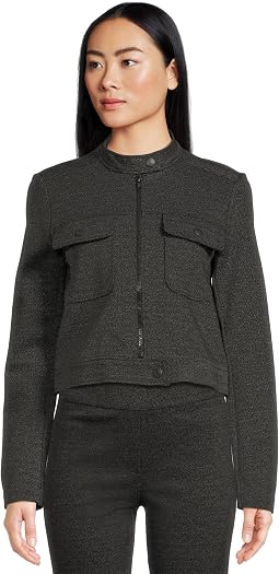 Ponte Twill - Zipper Closure Crop Jacket with Patch Pockets and Snaps Details