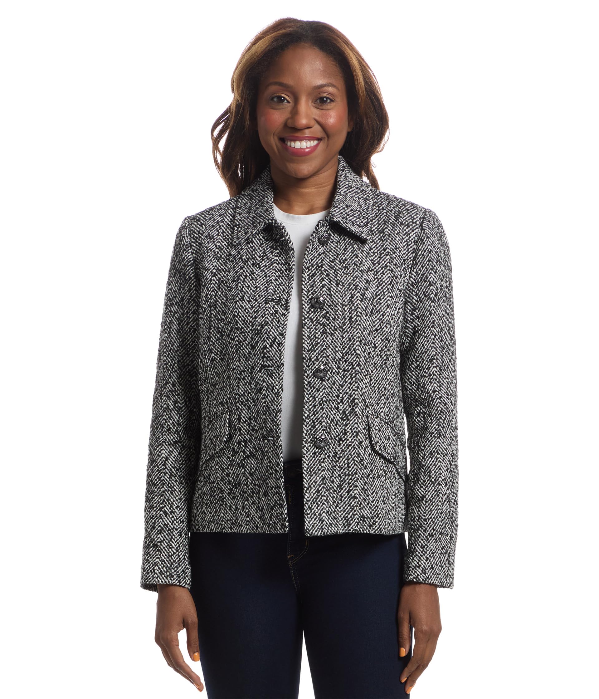 Power Play - Button Closure Herringbone Jacket with Flap Pockets Detail