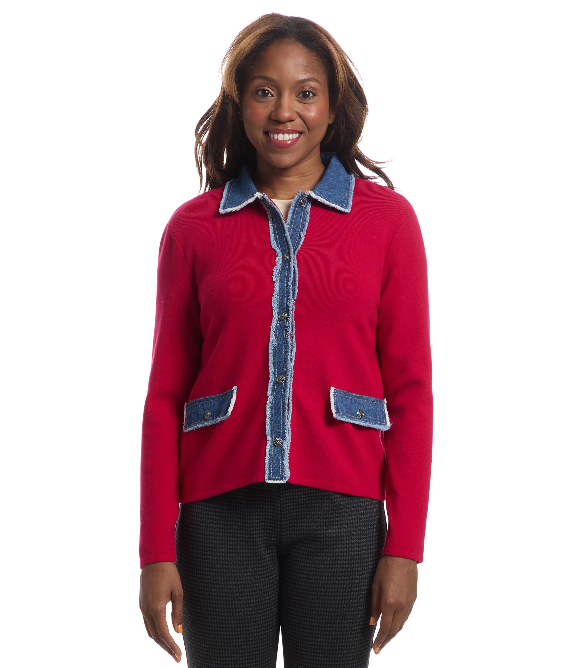 Stitch Perfect - Button Closure - Sweater Jacket with Denim Trim detail