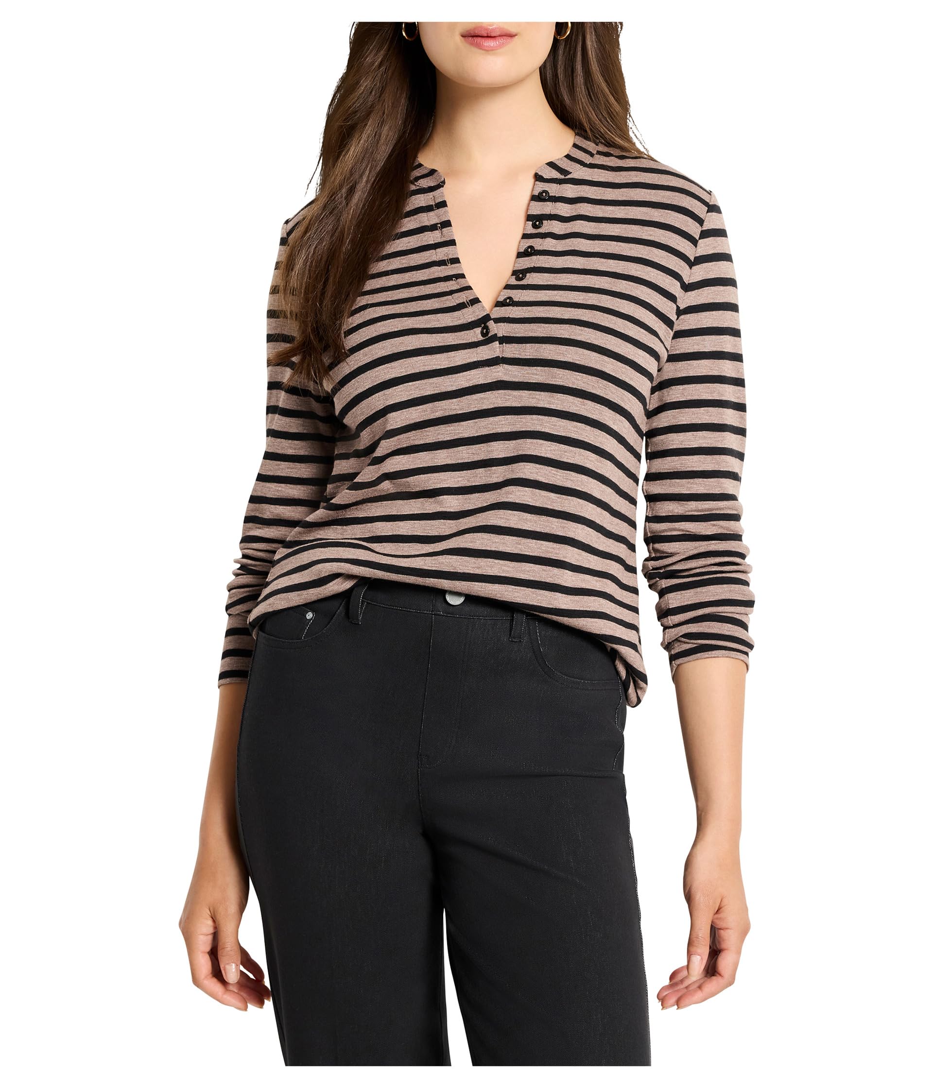 Petite Striped Long Sleeve Henley Tee