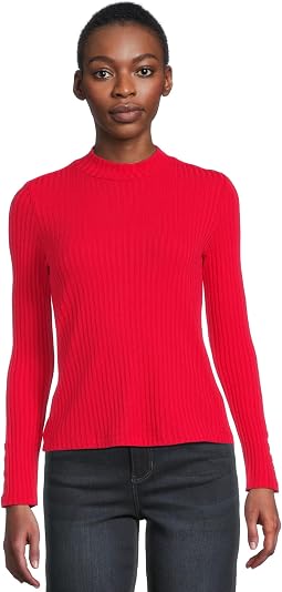 Long Sleeve Mock Neck Knit Top With Button Detail