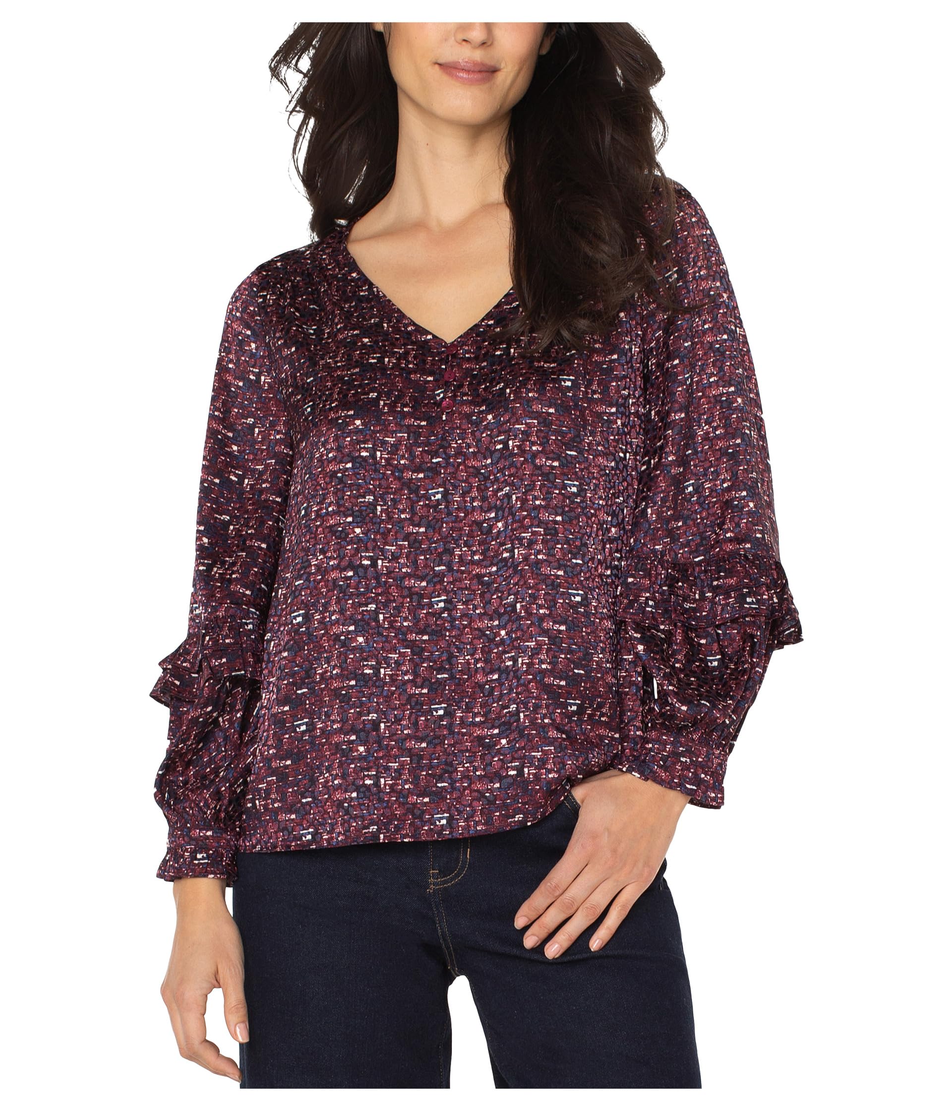 Long Sleeve Woven Blouse W/ Ruffles