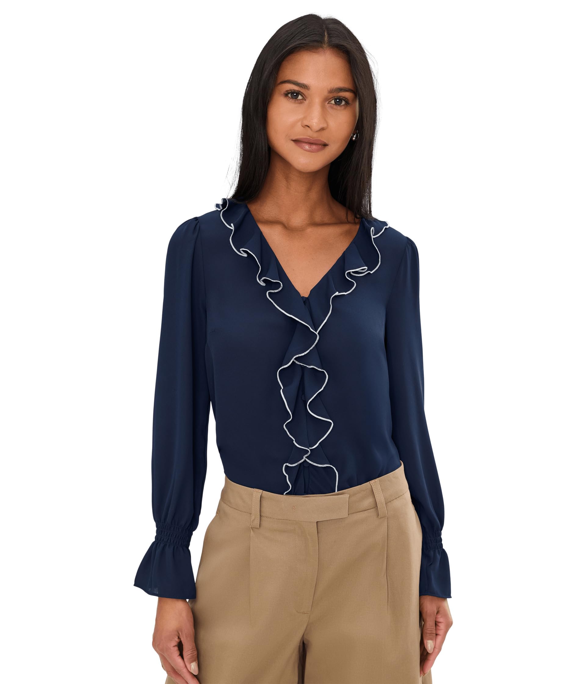 Contrast Ruffle Trim Long Sleeve V-Neck Top