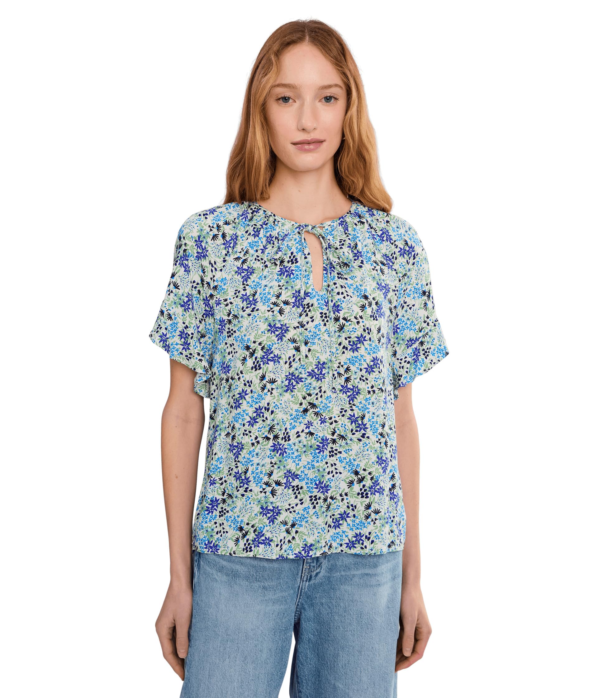 Shirred Short Sleeve Key Hole Top