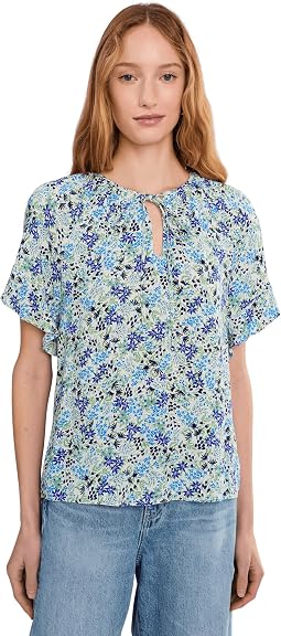 Shirred Short Sleeve Key Hole Top