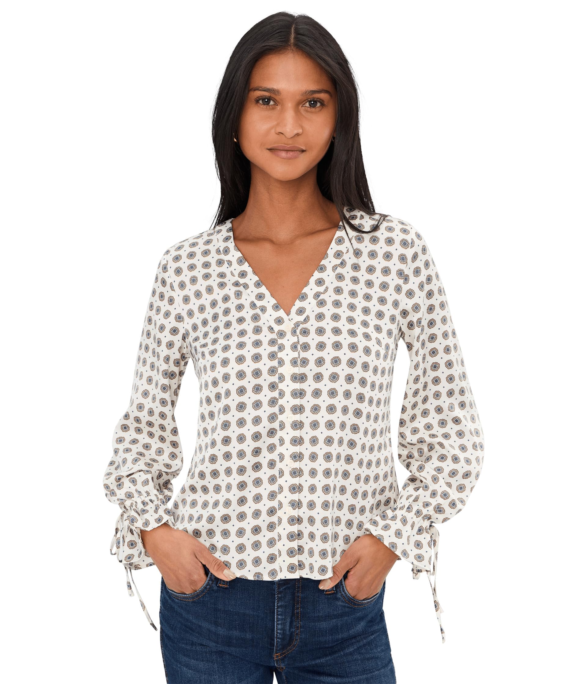 Блузка CeCe V-Neck Button Down Tie Sleeve