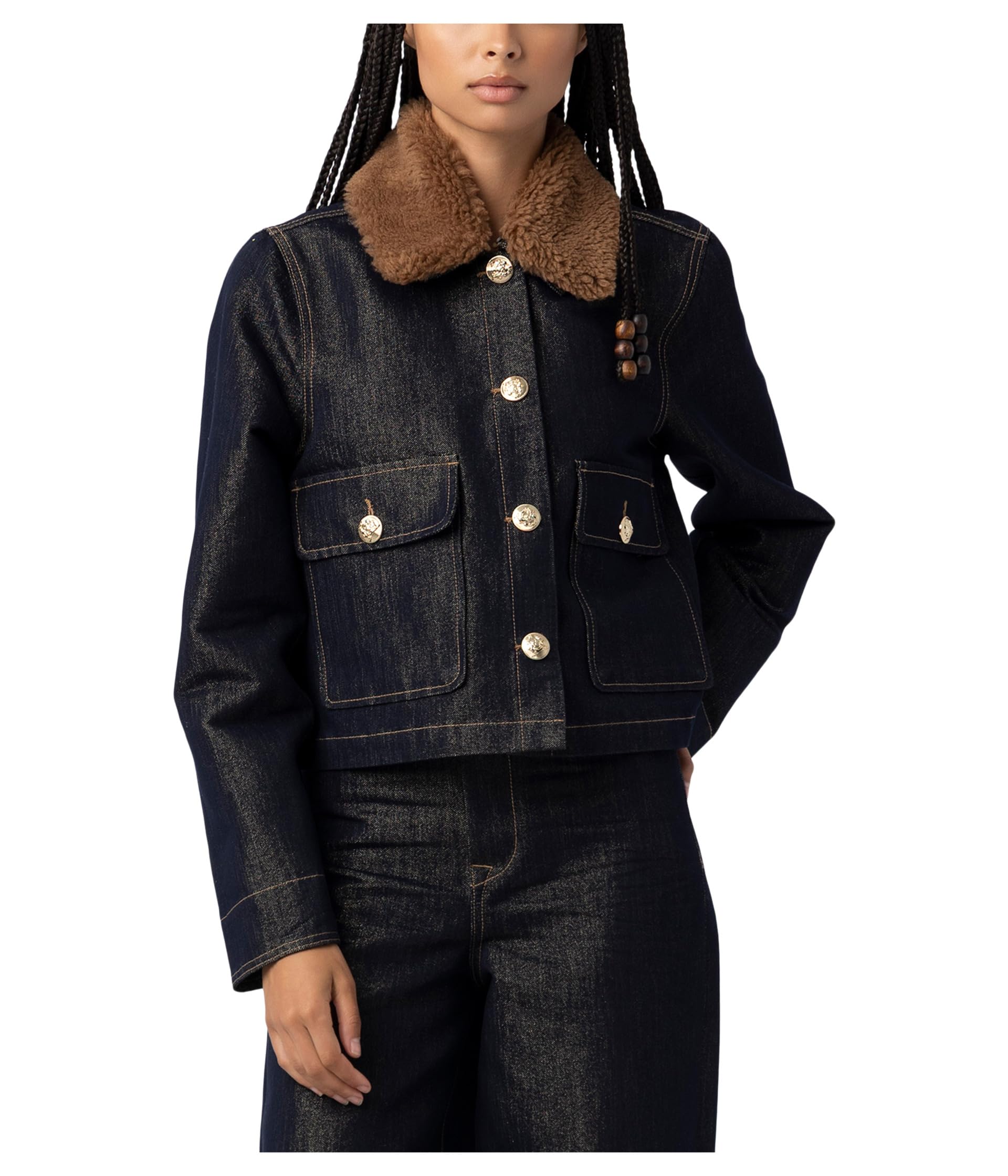Джинсовая куртка Blank NYC Metallic с воротником Faux Sherpa в синем цвете