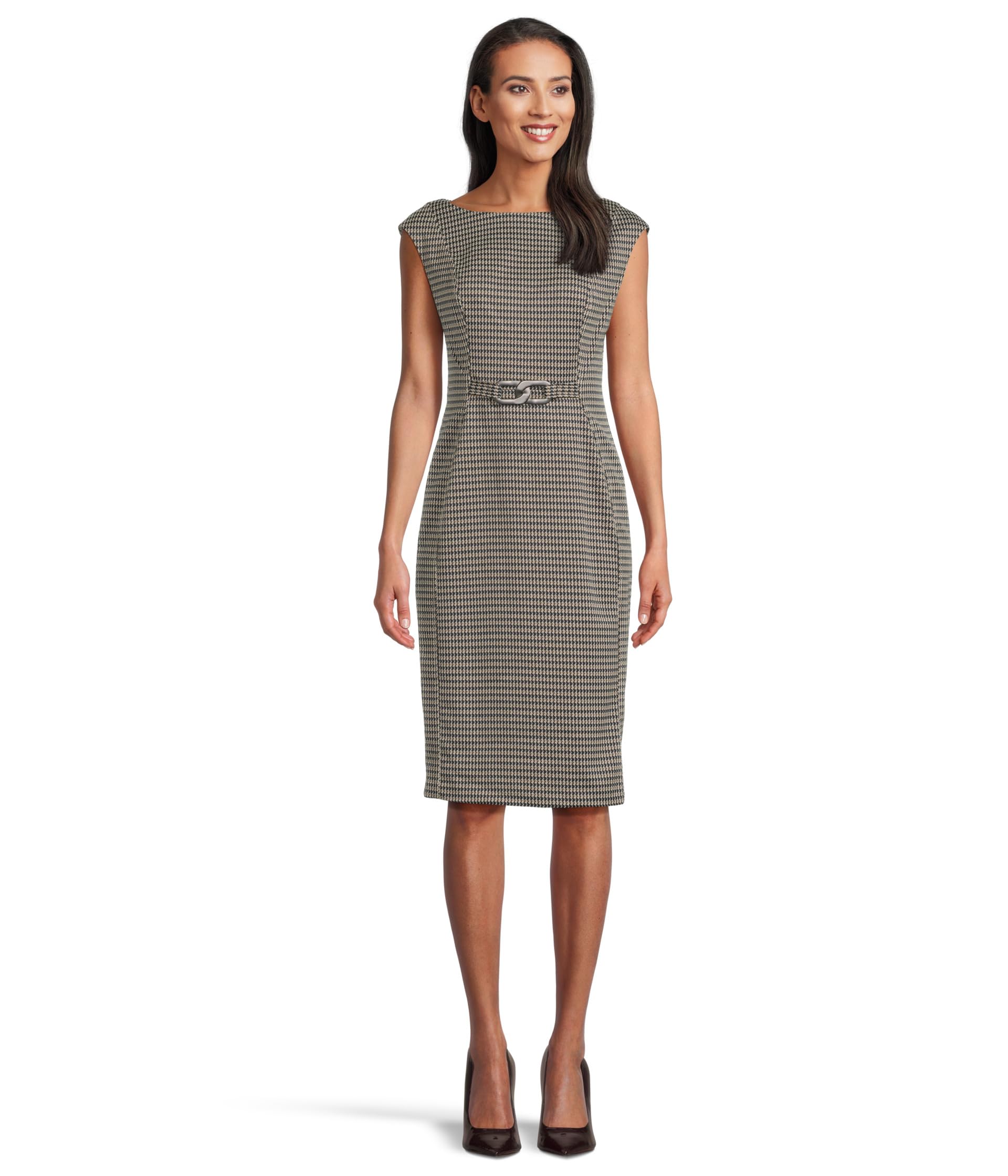 Calvin Klein Cap Sleeve Ponte Belted Sheath платье
