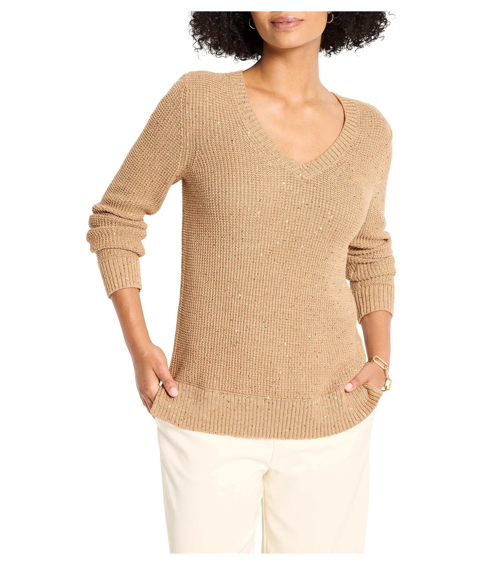 Shimmer Waffle V-neck Sweater