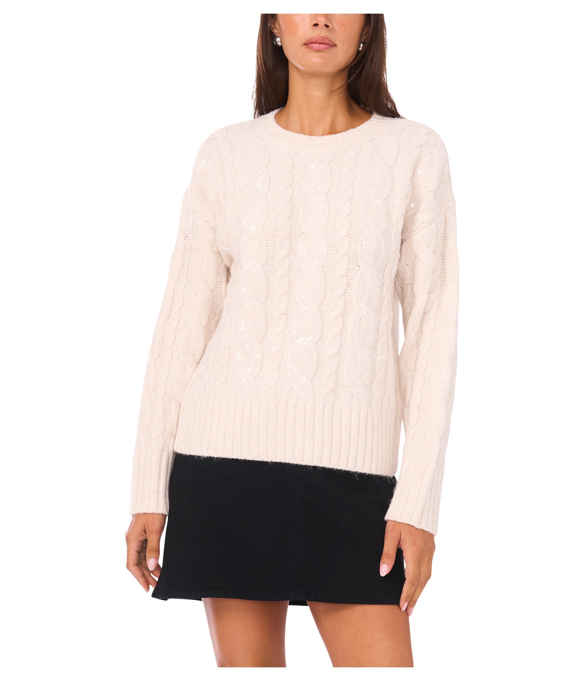 Sequin Cable Long Sleeve Crew Neck