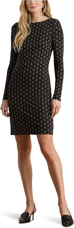 Geo-Print Stretch Jersey Boatneck Dress