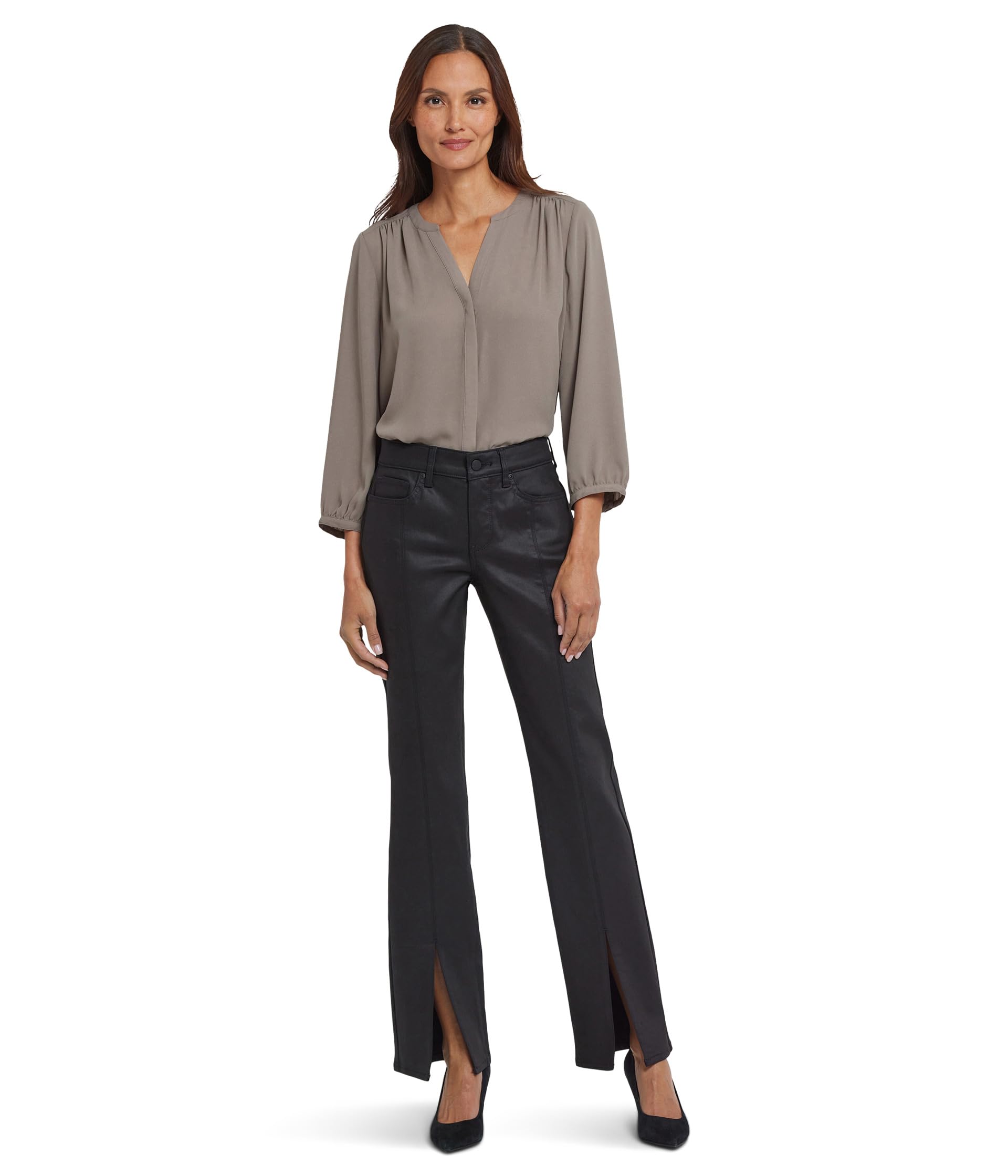 Coated Marilyn Front Slit Straight Jeans in Black Coated