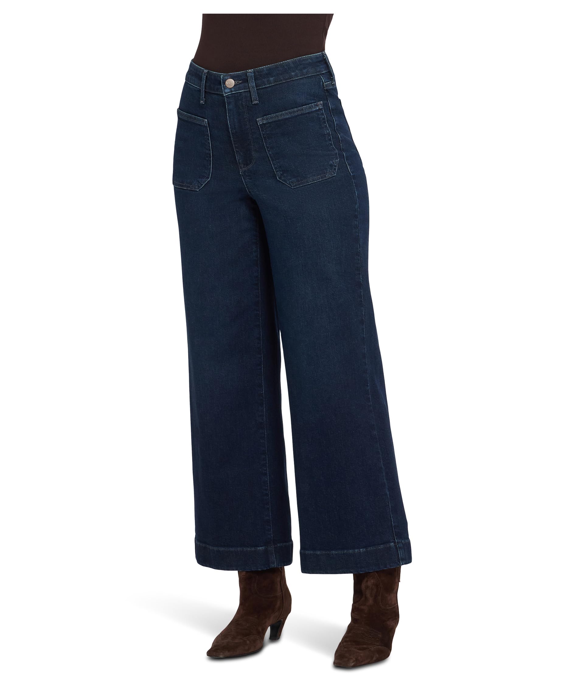 Teresa Wide Leg Ankle Front Patch Pocket Jeans in Blacken Blue
