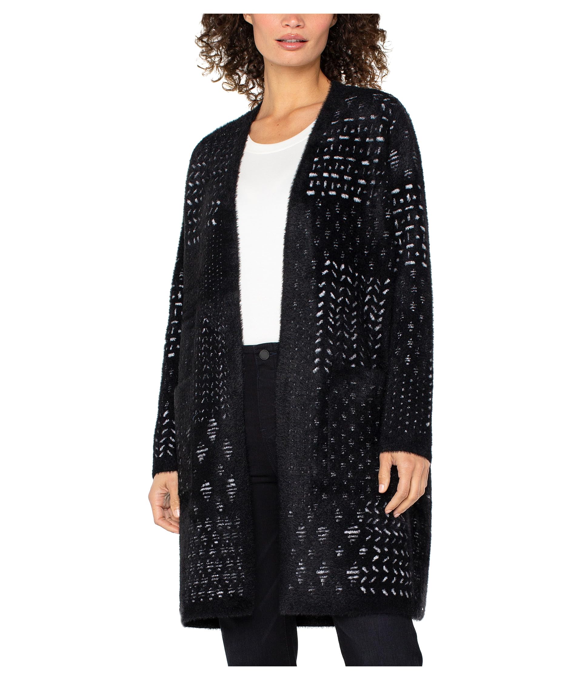Petite Long Sleeve Collarless Open Front Sweater Coat