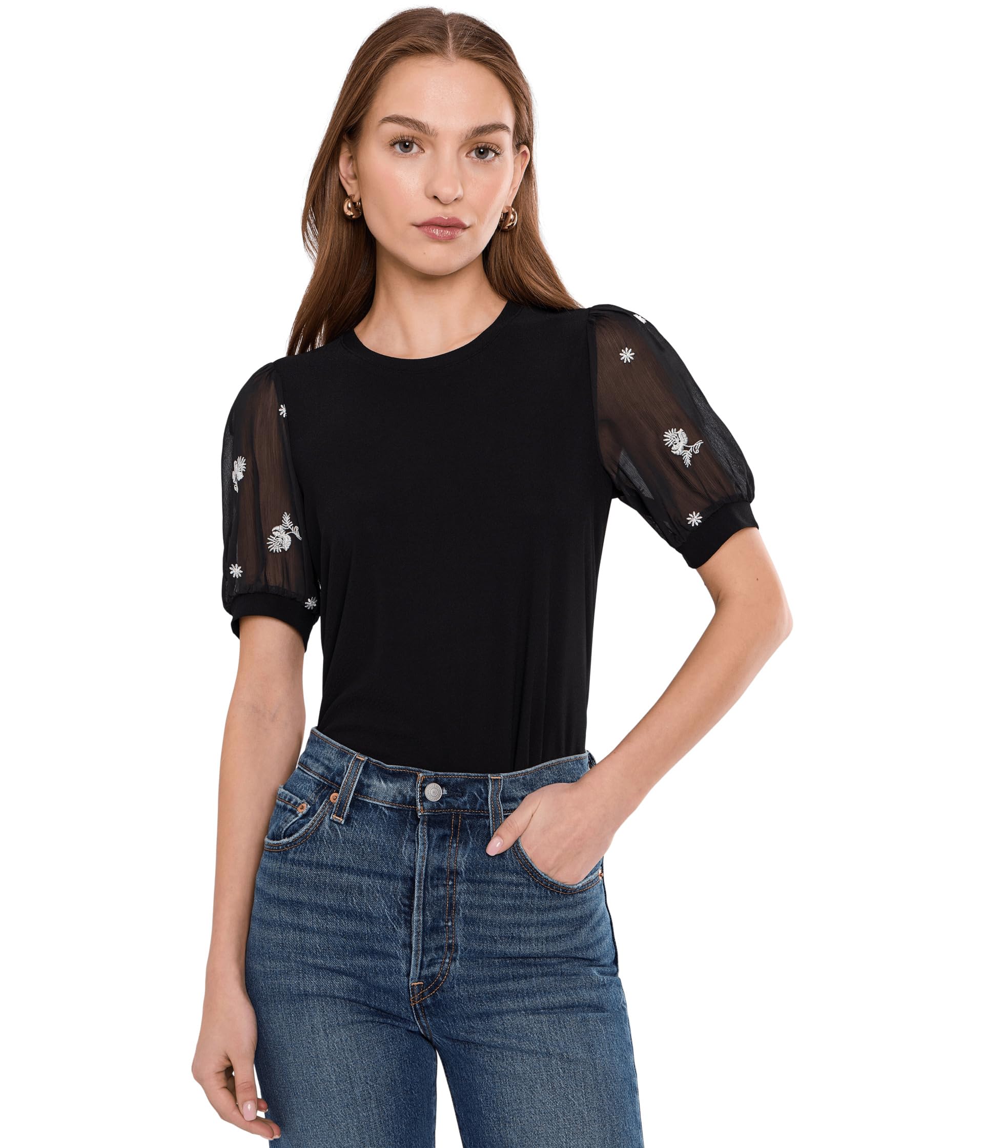 Топ CeCe Puff Mixed Media Short Sleeve Женский