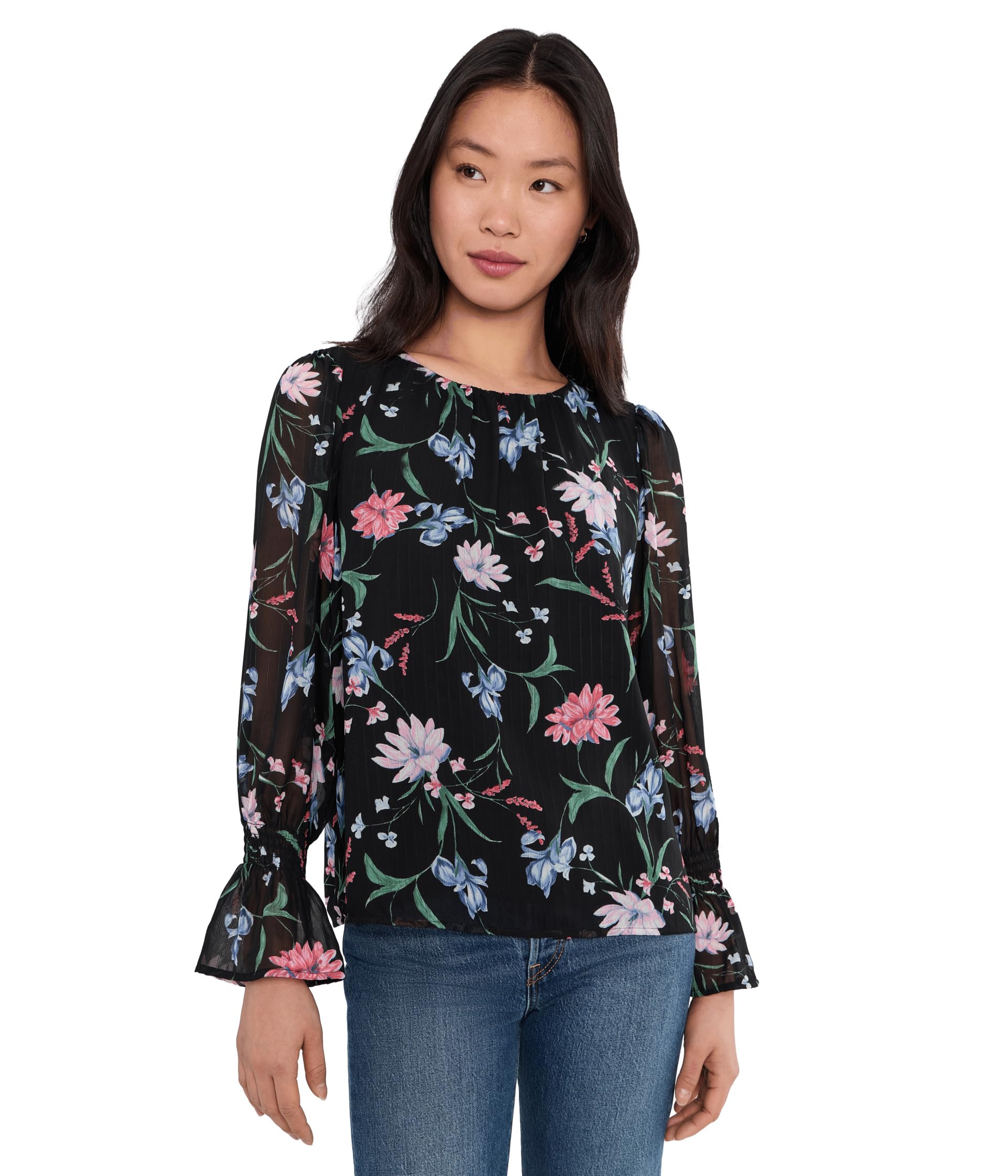 Long Sleeve Smocked Cuff Crew Neck Top