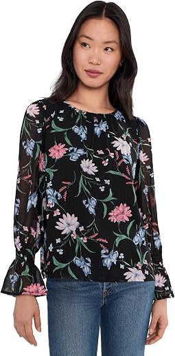 Long Sleeve Smocked Cuff Crew Neck Top