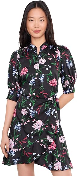 Open Collar Short Sleeve Ruffle Wrap Dress