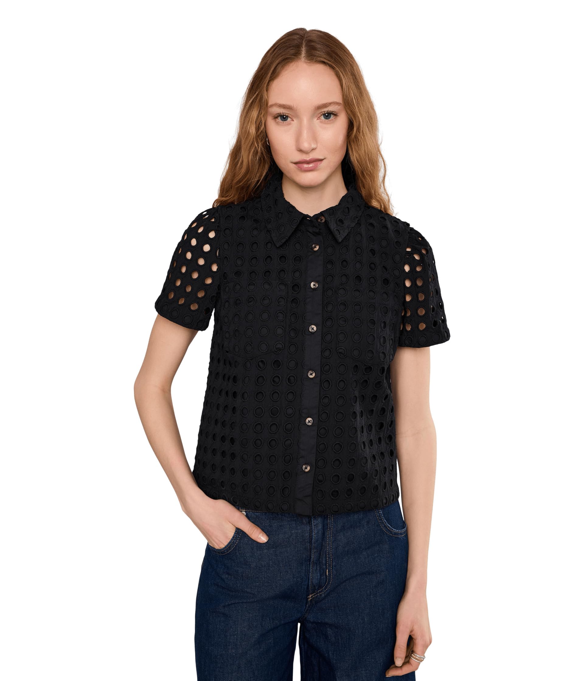 топ CeCe Eyelet Short Sleeve Collared Button Down
