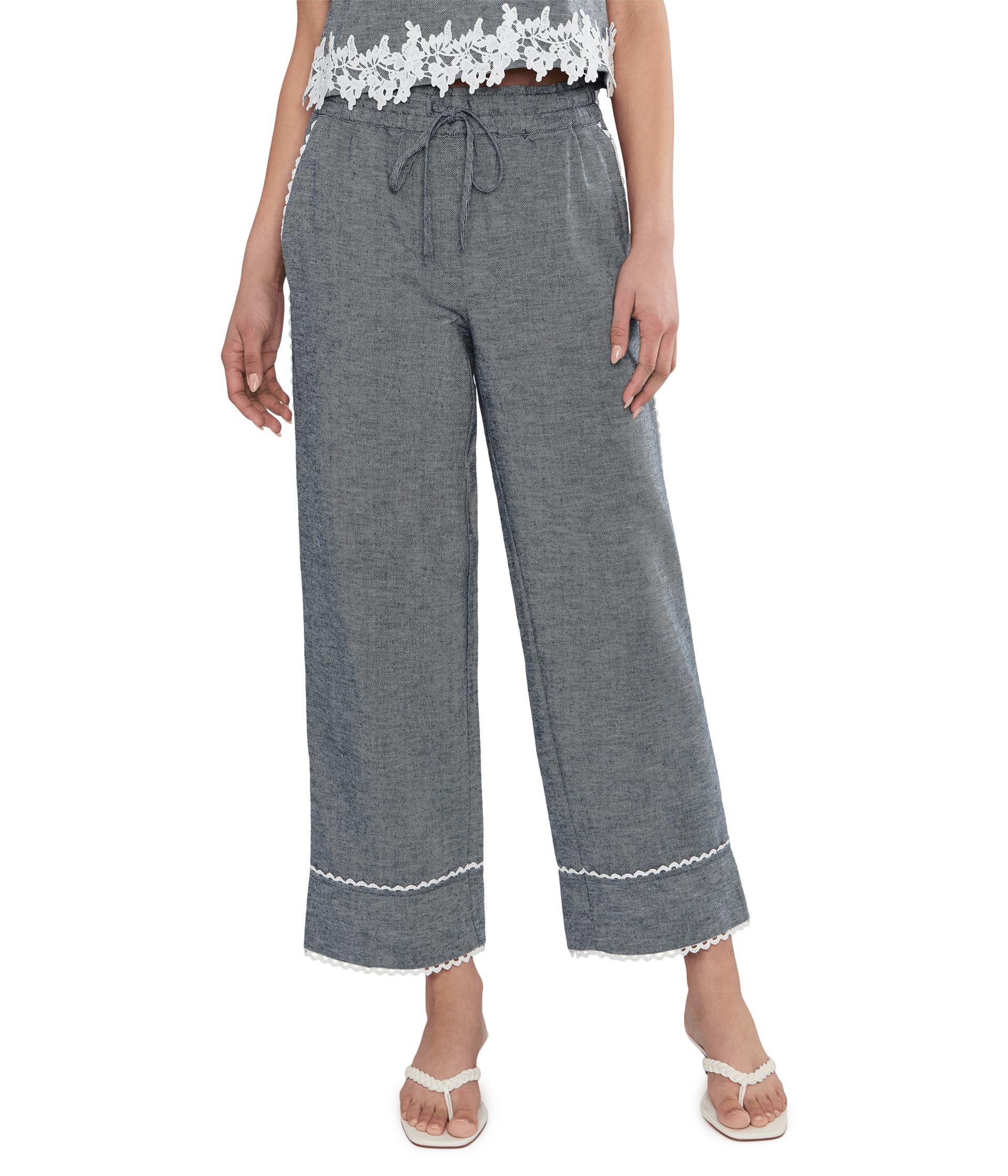 Linen Denim Elastic Waist Scallop Trim Pants