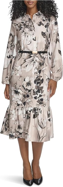 Long Sleeve Dot Crepe Belted Bubble Hem Midi
