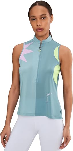 Sleeveless Mock Neck Zipper Front Color Block