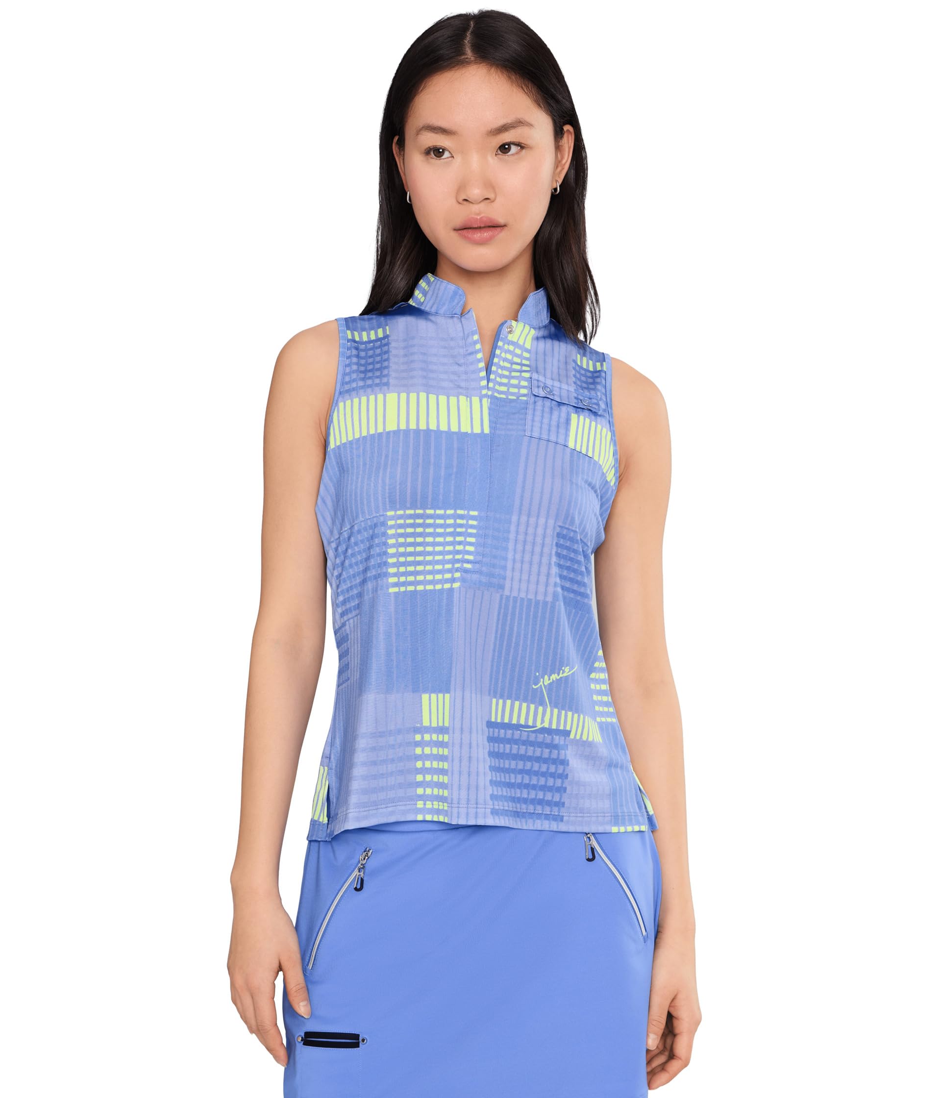 Женский топ Geometric Plaid Short Stand Collar Partial Front Zipper