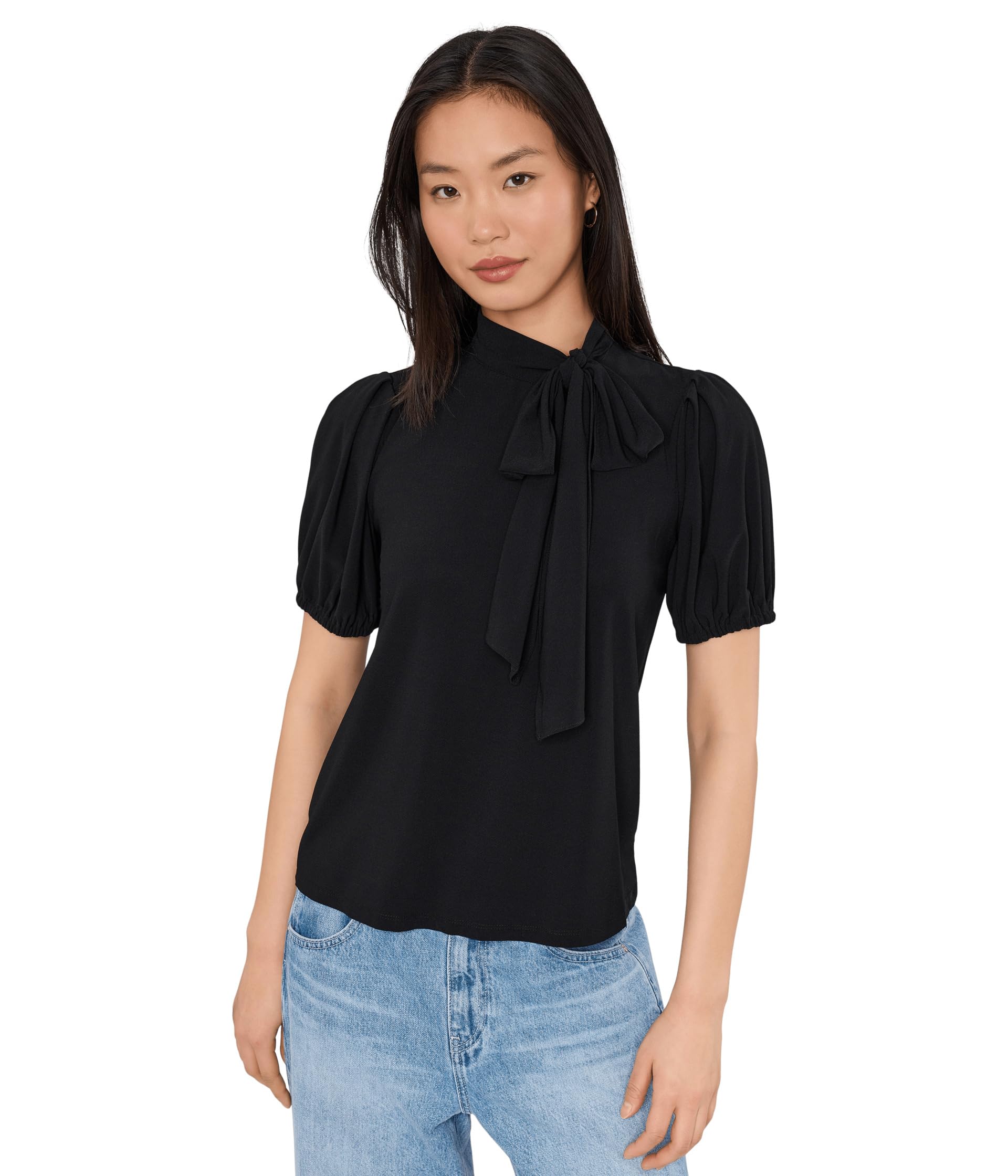 Short Sleeve Tie Neck Bow Knit Top