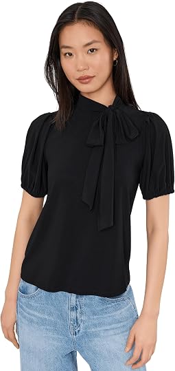 Short Sleeve Tie Neck Bow Knit Top
