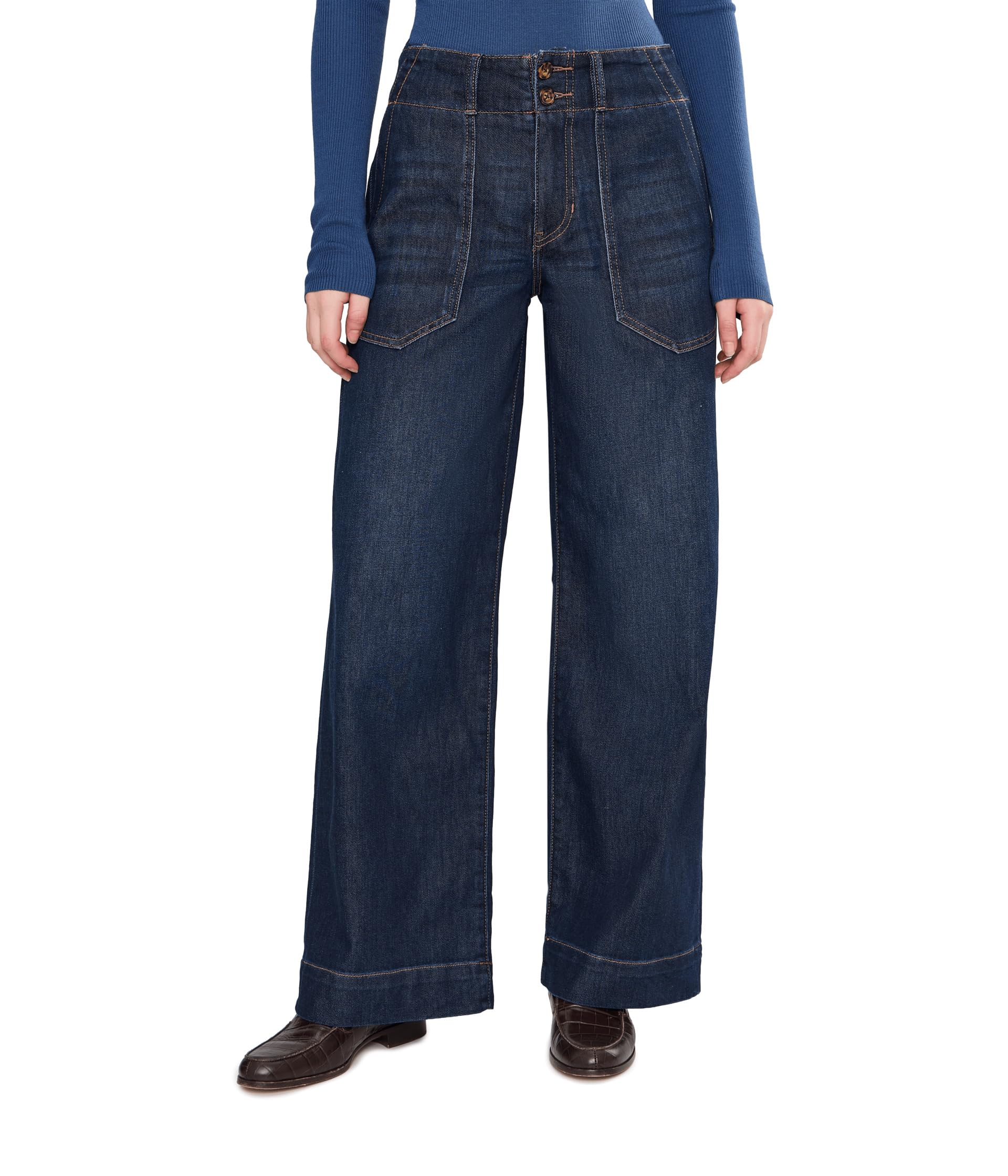 Mid-Rise Patch Pocket Wide Leg Double Button Pants