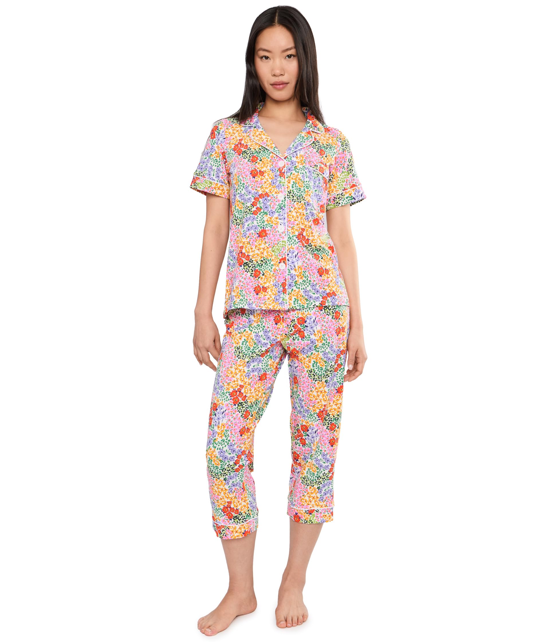 Petite Short Sleeve Cropped Cotton Knit Pajama Set