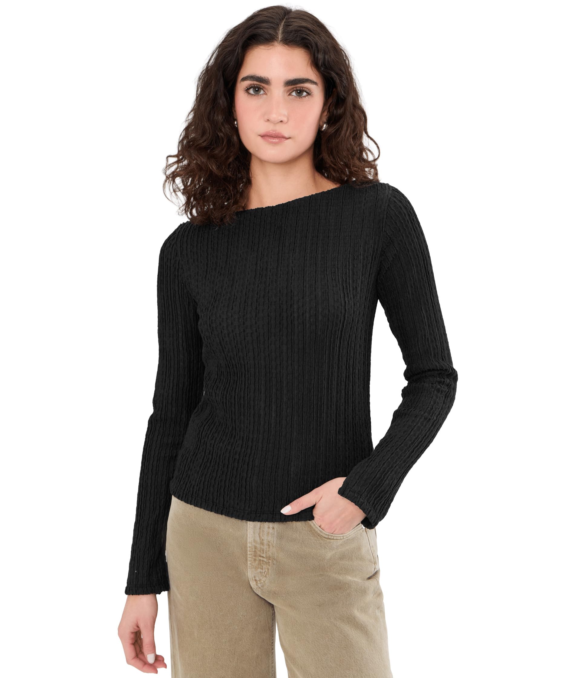 Long Sleeve Boatneck Textured Top