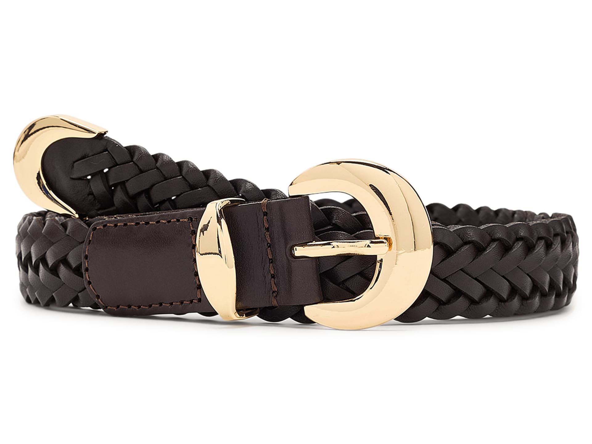 Domed-Buckle Wide Belt in Woven Leather