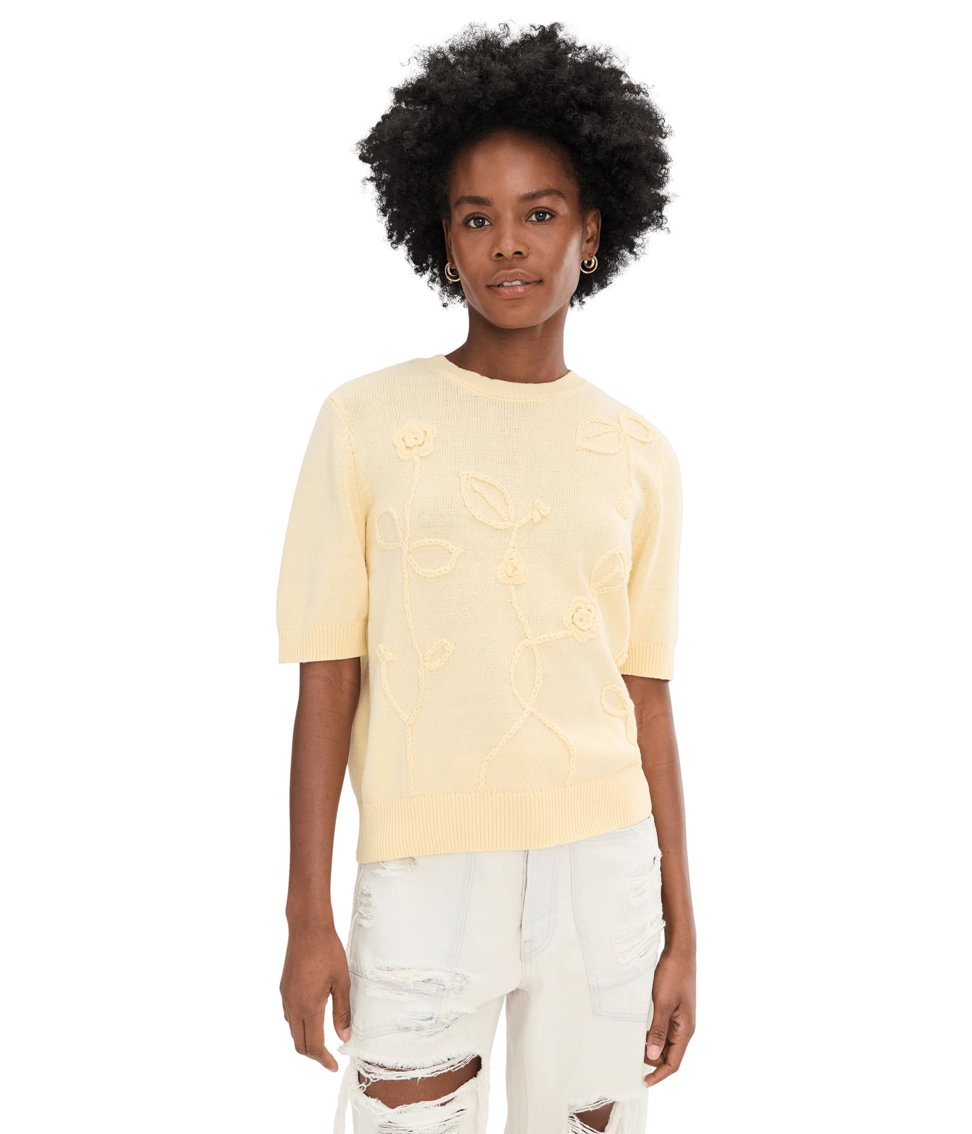 Floral Applique Short Sleeve Crew Neck