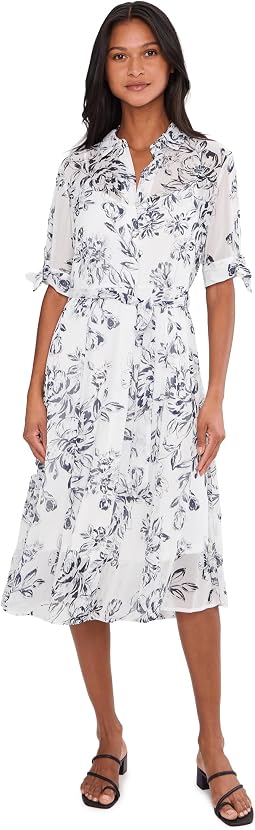 Short Sleeve Floral Chiffon Shirt Dress