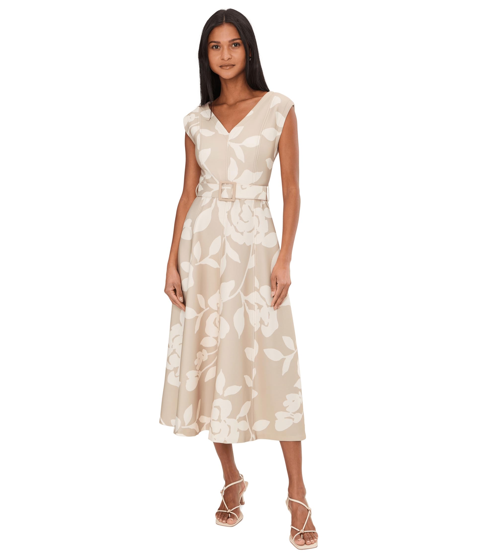 Sleevless Scuba Floral Belted Aline